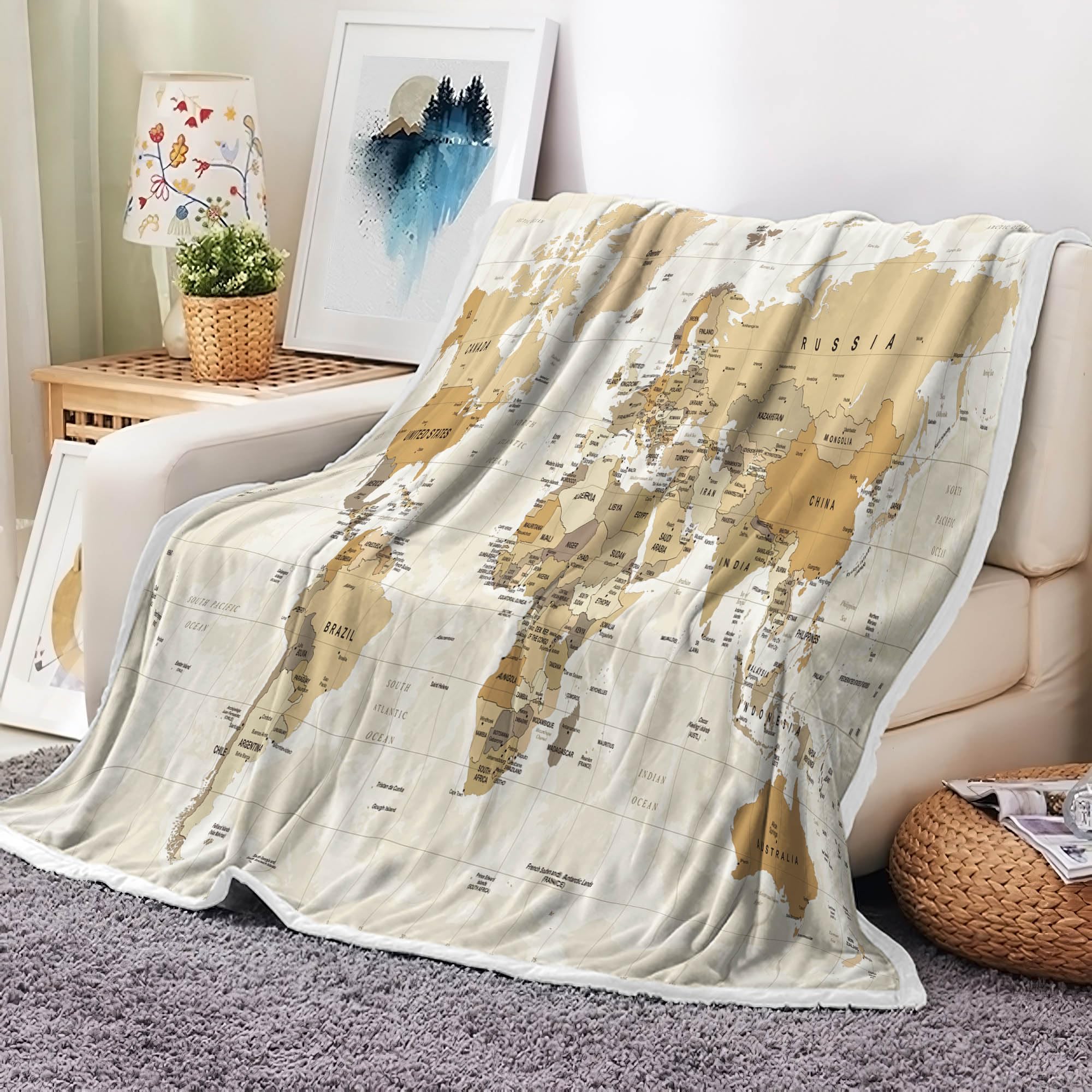 VeiVian World Map Fleece Throw Blanket For Couch, Sofa, Vintage Topography Educational College Kids Children Bed Travel Camping Blanket, Geographical Map Throw, 50X60in