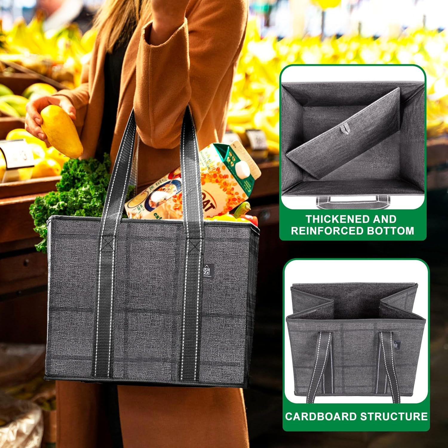 VENO Reusable Grocery Bags - Heavy-Duty Utility Tote with Handles & Hard Bottom | 3 Pack, Water Resistant, 6 Gallon