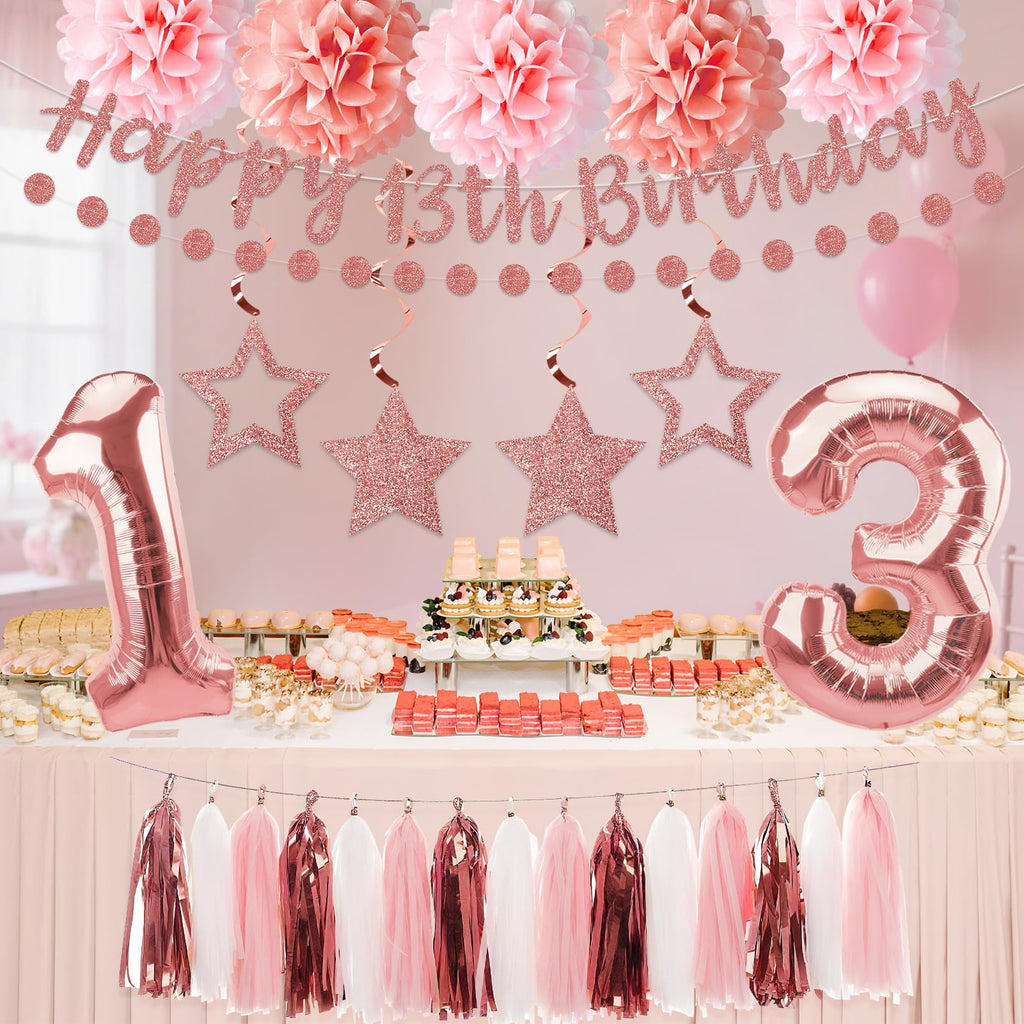 Kuxriox 13Pcs Happy 13th Birthday Decorations for Girls, Pink Rose Gold 13th Birthday Banner and Balloons, Glittery 13 Year Old Bday Tissue Pompoms, Circle Dots Garland, Tassel Garland Party Supplies