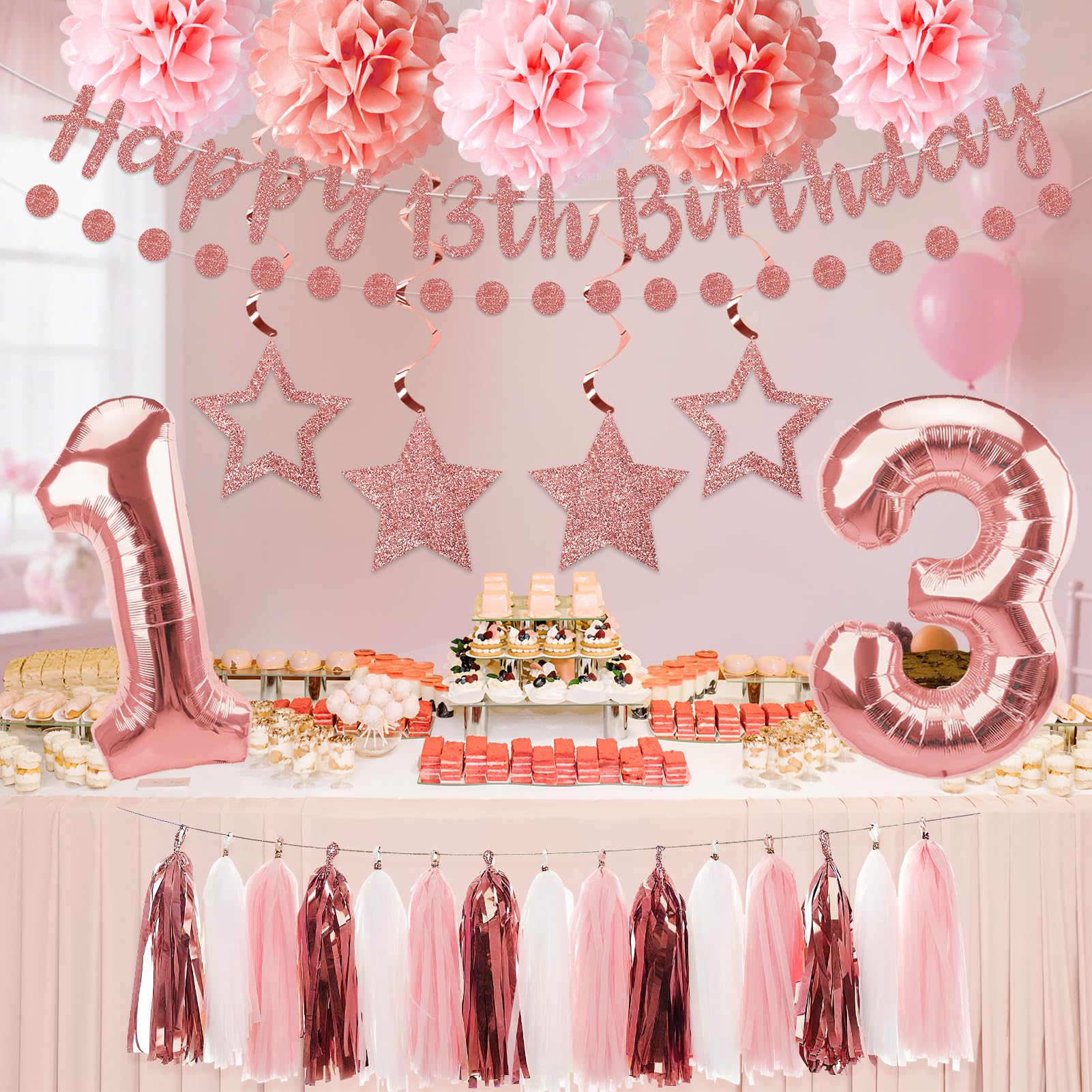Kuxriox 13Pcs Happy 13th Birthday Decorations for Girls, Pink Rose Gold 13th Birthday Banner and Balloons, Glittery 13 Year Old Bday Tissue Pompoms, Circle Dots Garland, Tassel Garland Party Supplies