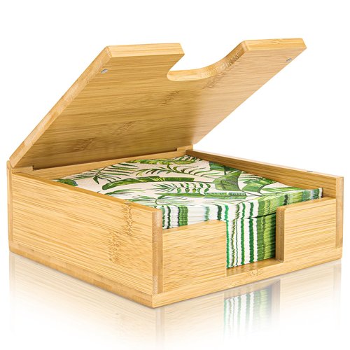 MOLEDINO Flat Napkin Holder for Table with Lid 13"x13", Large Modern Square Paper Napkin Holder for Dining Dinner Kitchen Cocktail Farmhouse Outdoor, Porta Servilletas de Mesa Elegantes (Bamboo)