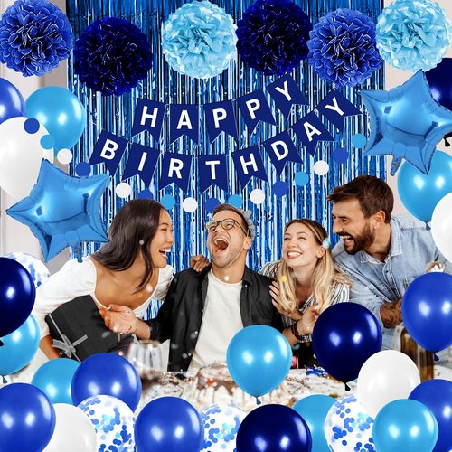 Blue Birthday Party Decorations - Skiennix Happy Birthday Banner & Balloons | Navy & Light Blue Pom Poms