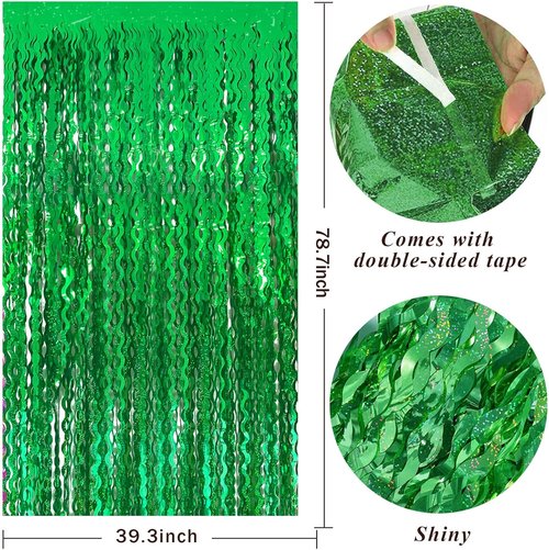Green Tinsel Foil Fringe Curtains - Wavy Backdrop for Parties & Photo Booths | Metallic Streamers