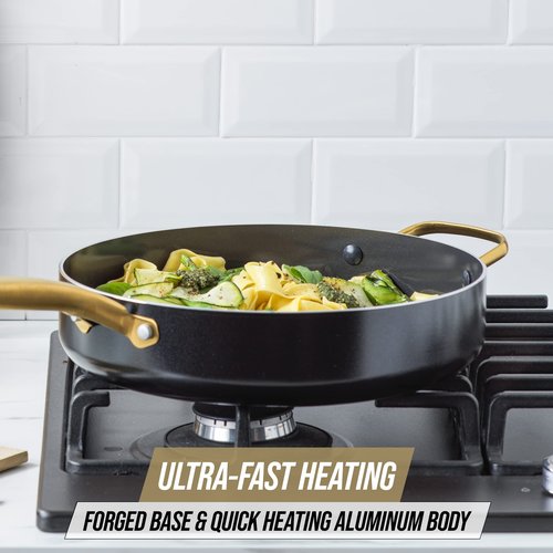 Blue Diamond 4QT Saute Pan with Lid, Non Toxic Induction PFAS-Free Diamond Ceramic Nonstick, Dishwasher & Oven Safe, Metal Utensil Safe, Gold Handle & Helper Handle, Jumbo Skillet, Glass Lid, Black