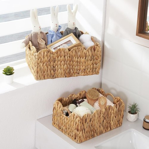 FairyHaus Wicker Storage Baskets - Handwoven Scalloped Design with Handles | 2-Pack, Natural Water Hyacinth, Large & Small