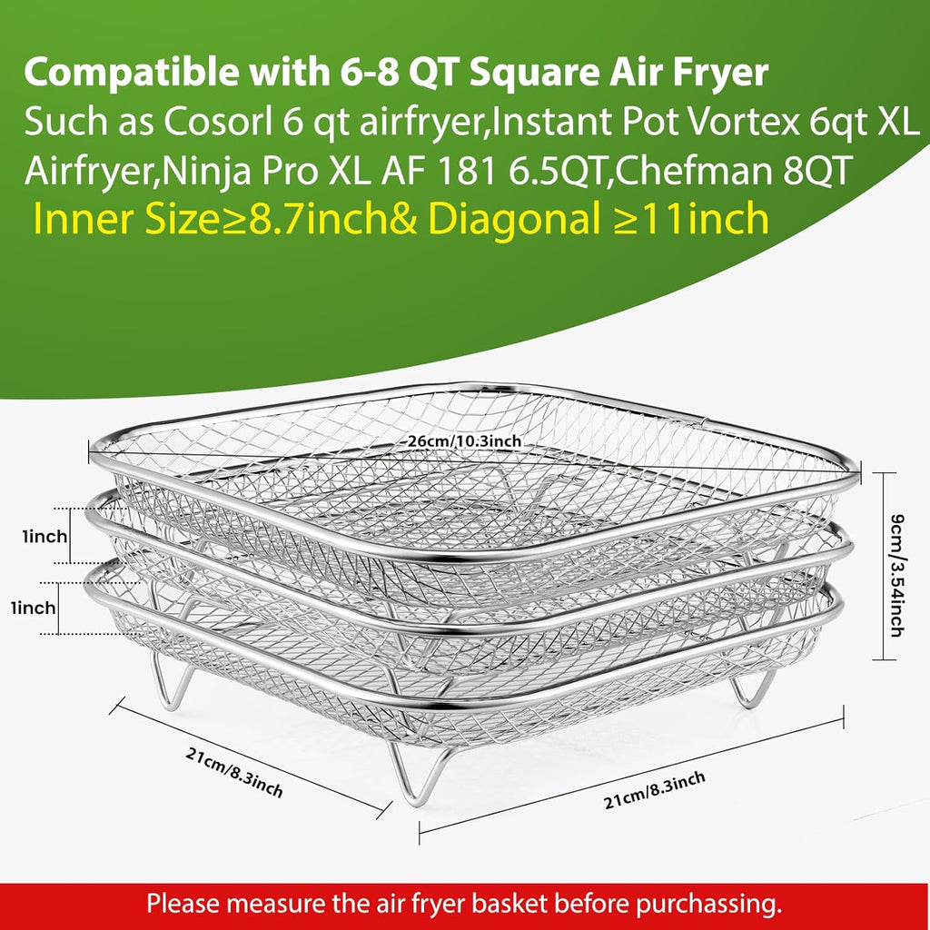 Square Air Fryer Rack - Stackable Stainless Steel Dehydrator Racks for 6-8 QT Air Fryers | Compatible with Cosori, Instant Vortex, Ninja Foodi