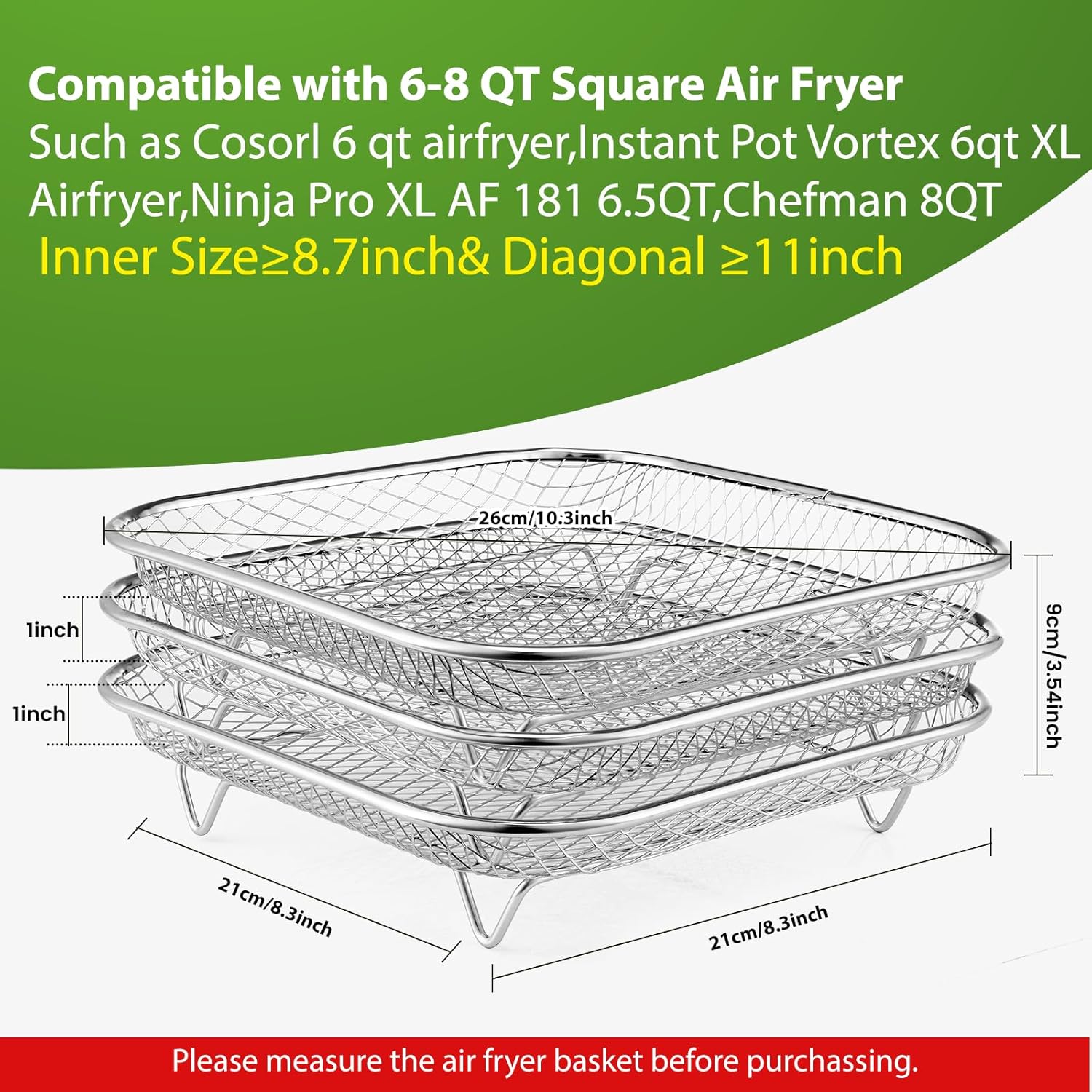 Square Air Fryer Rack - Stackable Stainless Steel Dehydrator Racks for 6-8 QT Air Fryers | Compatible with Cosori, Instant Vortex, Ninja Foodi
