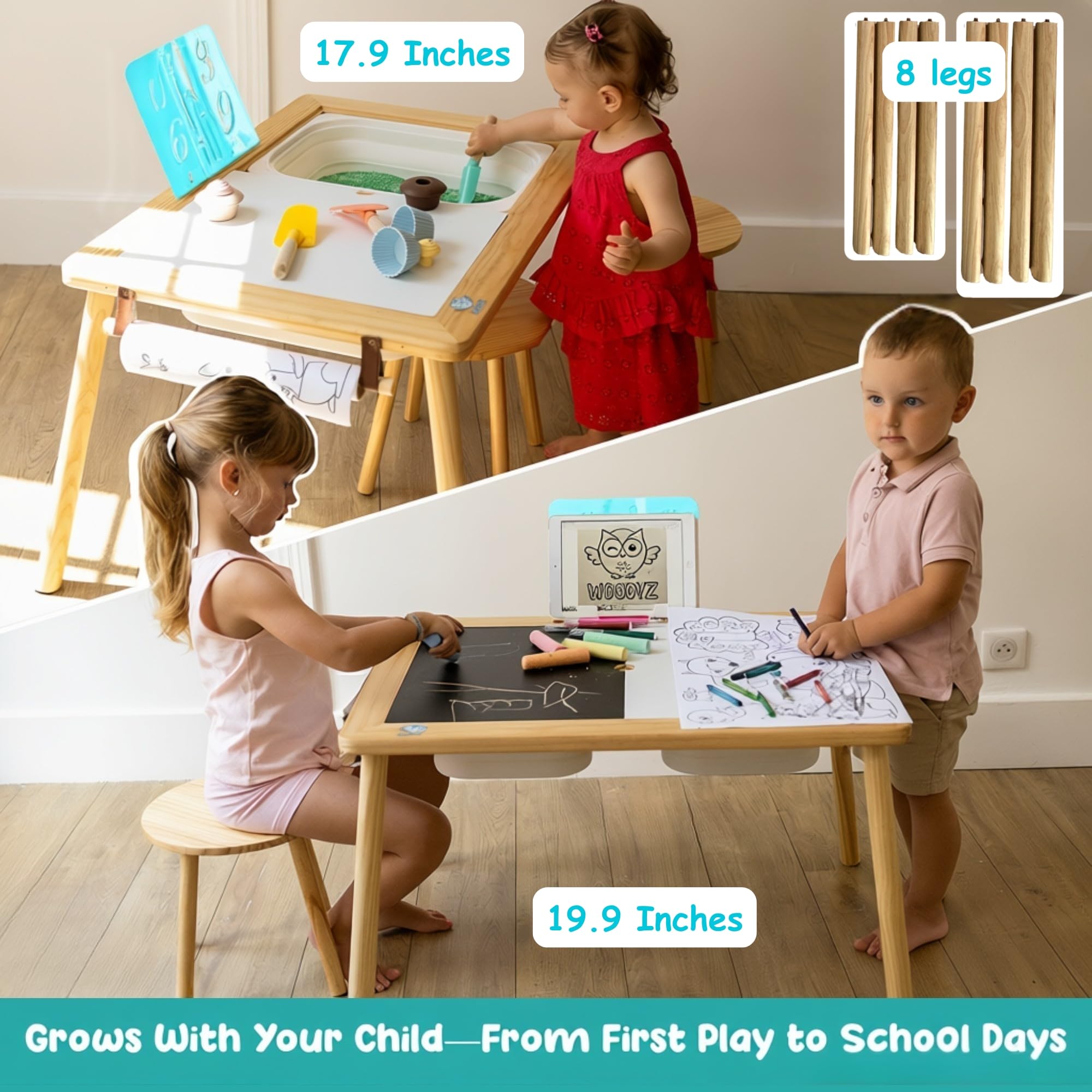 Woodyz - Evolving Sensory Table For Toddlers with Chairs & Foldable Bins - Indoor Kids Arts And Crafts Table - Play a Montessori Activity with Sand - Book/Tablet Holder- (Paper & Accessories included)