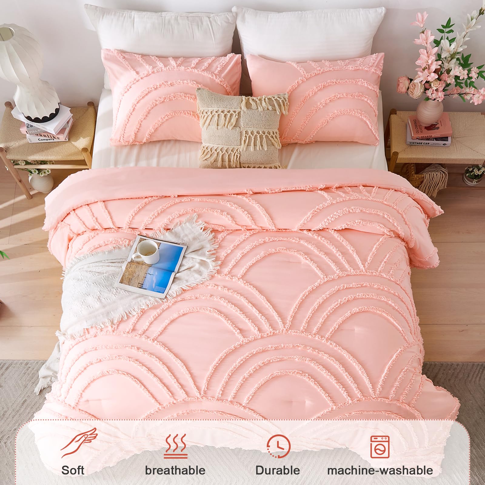 ENJOHOS Pink Full Comforter Set for College Girls - Full Size Boho Tufted Rainbow Comforter, 3 Pieces Rainbow Bedding for All Season, Lightweight Soft Microfiber Comforter with 2 Pillowcase