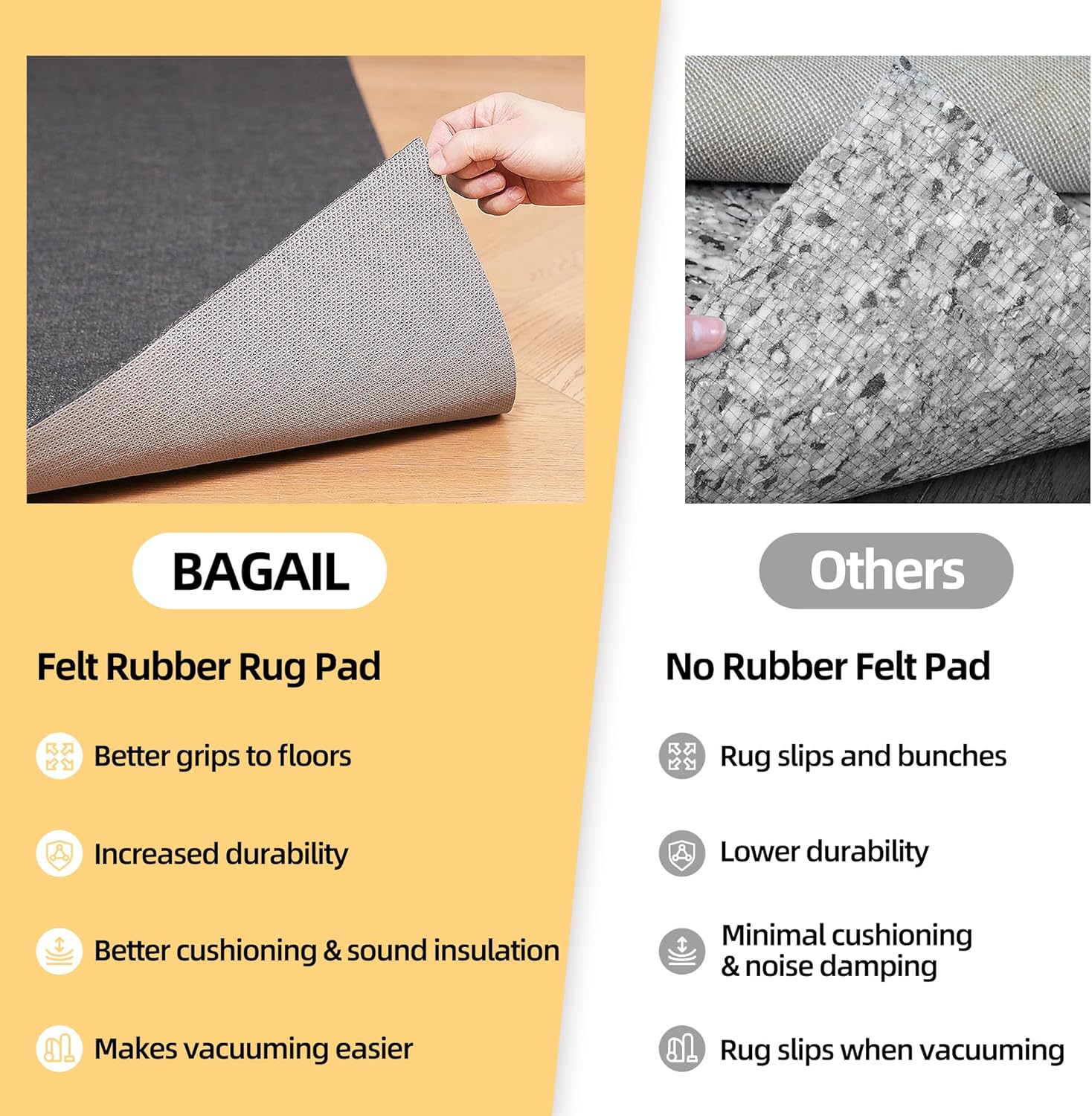 BAGAIL Non-Slip Rug Pads - 1/4” Thick Felt & Natural Rubber Backing - 5 x 7 Ft for Hardwood Floor Protection