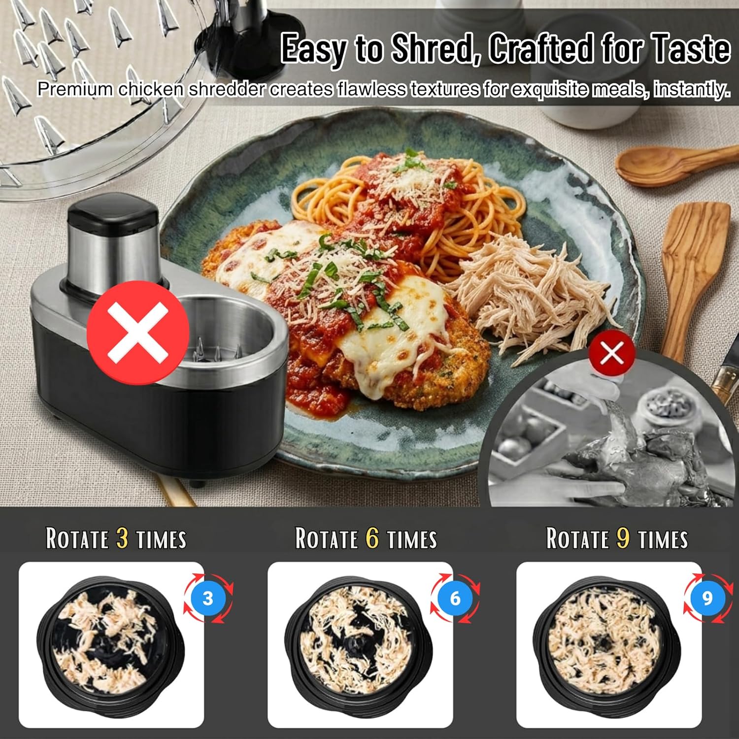 Skiennix Chicken Shredder Tool - Large 10 Inch Manual Meat Shredder with Clear Lid & Non-Slip Base | Easy Clean, Dishwasher Safe (Black)