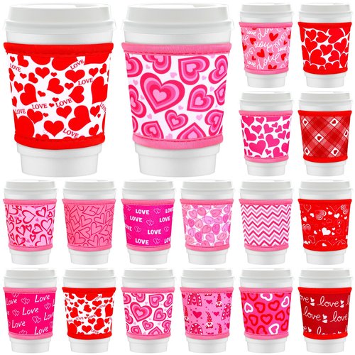Potchen 16 Pack Reusable Iced Coffee Cup Sleeves Neoprene Insulated Drink Cup Insulator Sleeve for Cold Hot Drinks Ice Coffee Sleeve for 12-16Oz (Valentine)