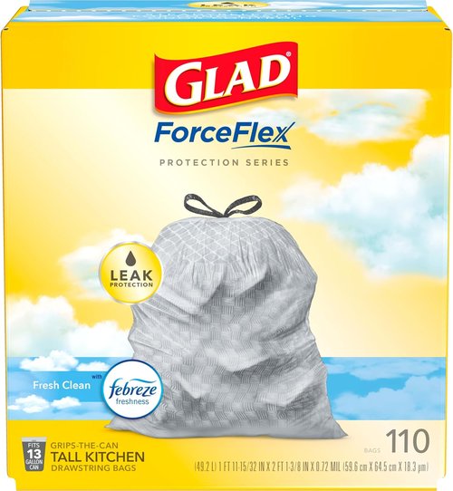 Glad ForceFlex Tall Kitchen Trash Bags - 13 Gallon, Fresh Clean Scent, 110 Count Pack