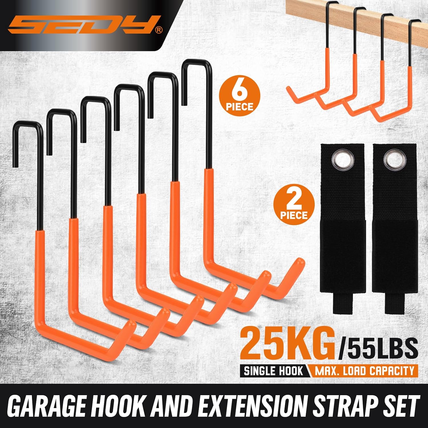 Skiennix Heavy Duty Rafter Hanger Hooks - 6-Piece Set with 2 Extension Straps | Vinyl Coated Metal Garage Organizer (Orange)
