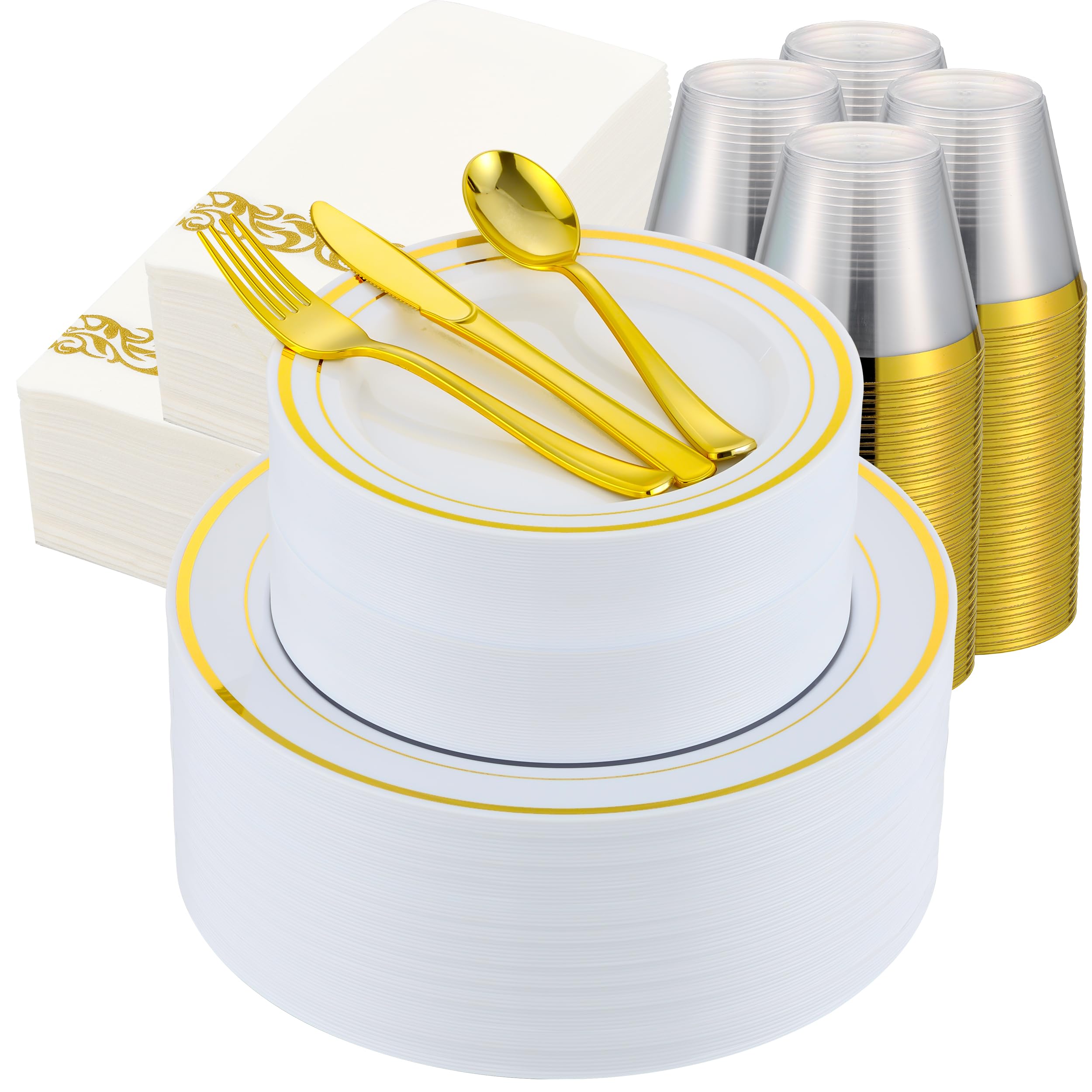 ISFANGCO 700 PCS Gold Plastic Dinnerware for 100 Guests, Gold and White Disposable Plates include 100 Dinner Plates,100 Dessert Plates,100 Silverware Set,100 Cups,100 Napkins
