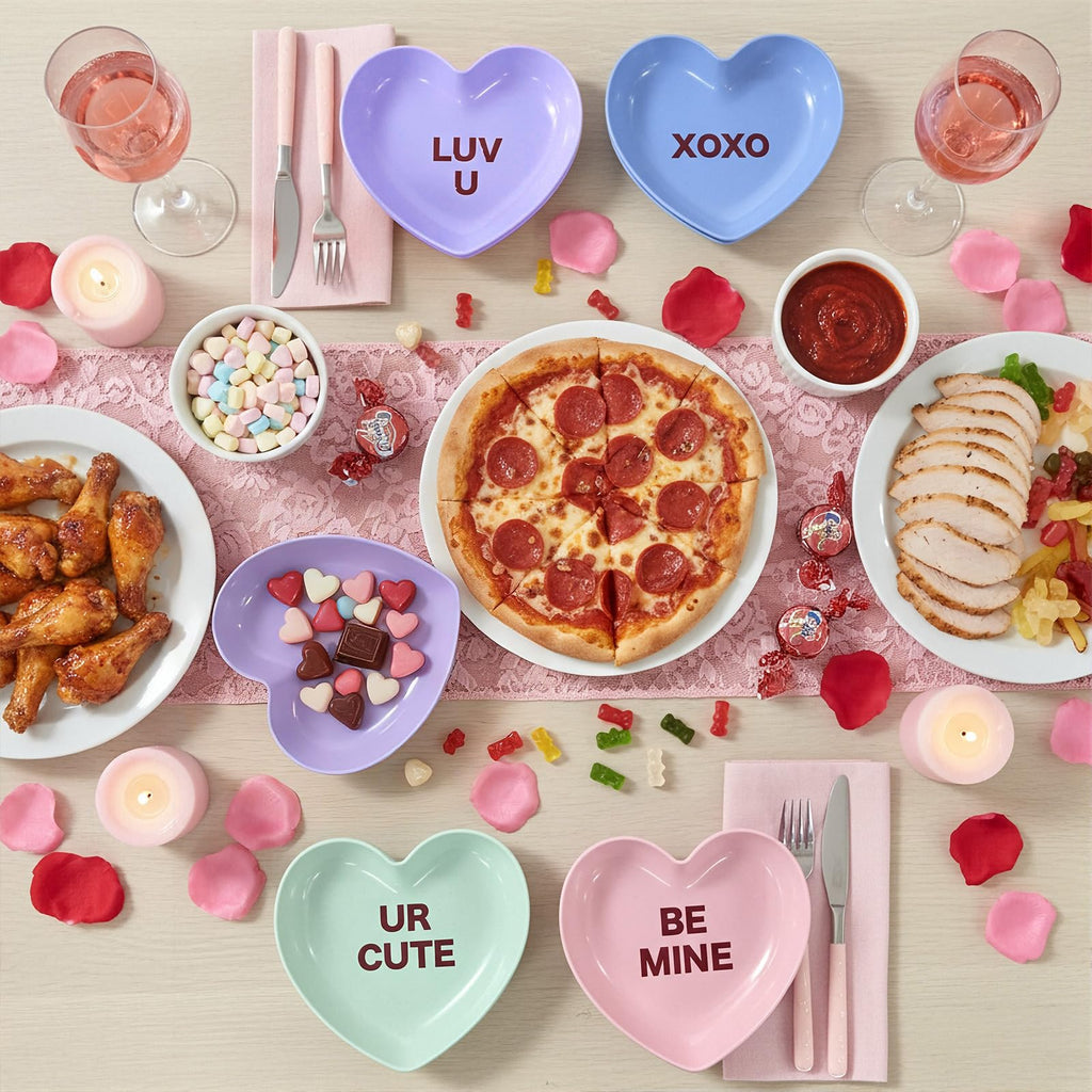 FoldTier 12 Pcs Valentine's Day Heart Bowls Conversation Hearts Plastic Bowls Plates 5.7 Inch Pink Snack Dessert Salad Fruits Decorative Plates Dishes for Valentine Wedding Kitchen Party Supplies