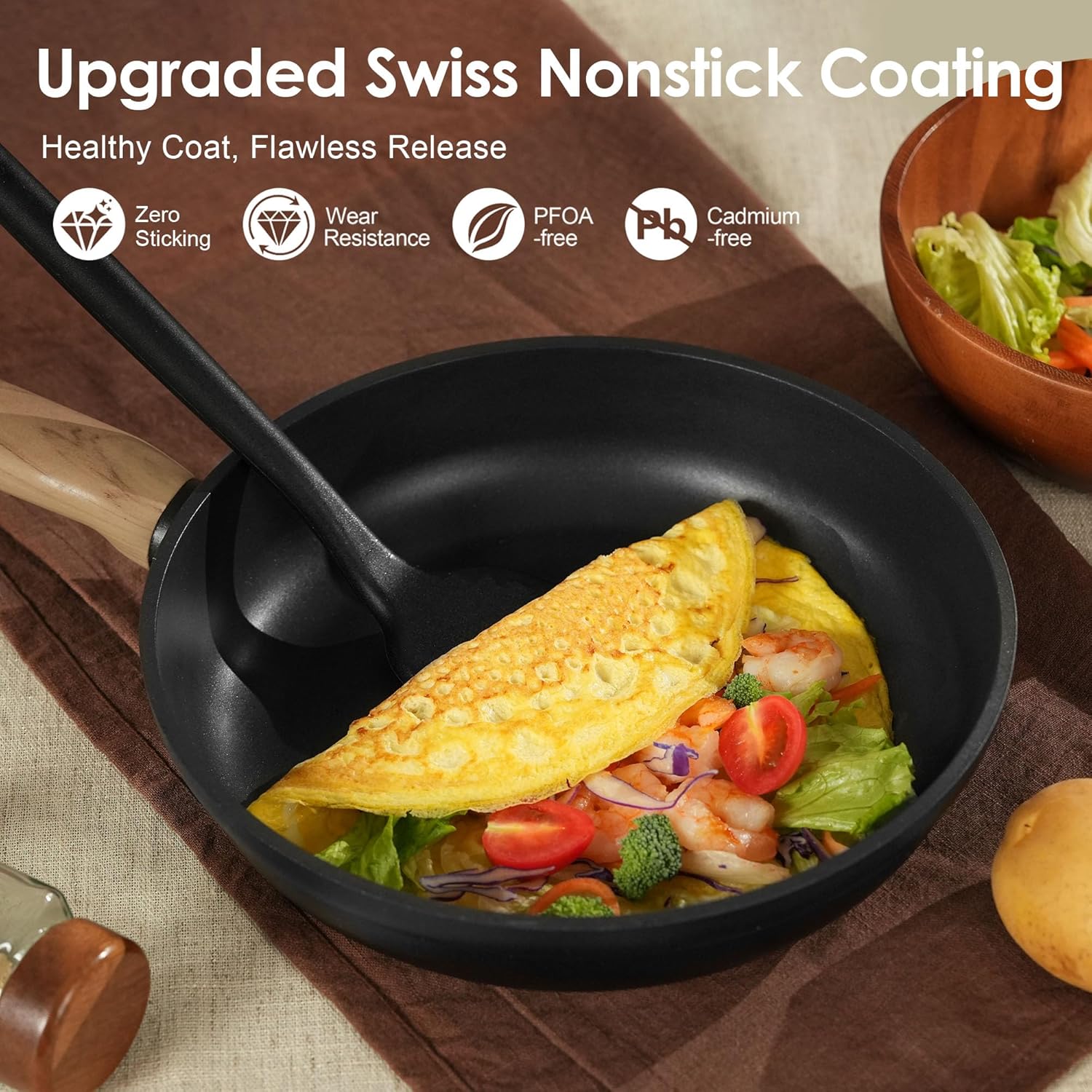 SENSARTE Nonstick Cookware Set - 17-Piece Induction Kitchen Set with Skillets & Saucepans | Matte Black, Dishwasher Safe