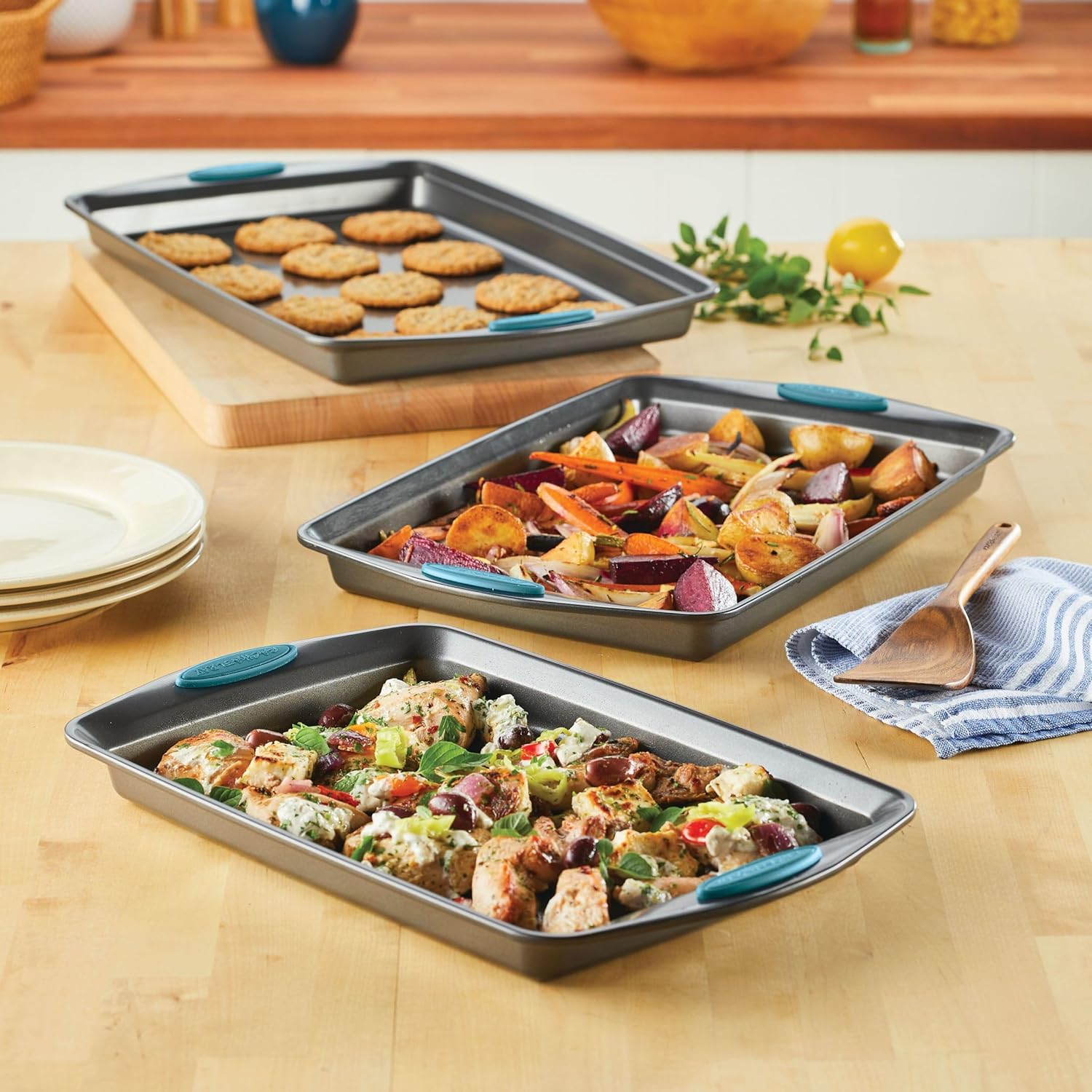 Rachael Ray Bakeware Nonstick Cookie Pan Set - 3-Piece Gray with Agave Blue Grips