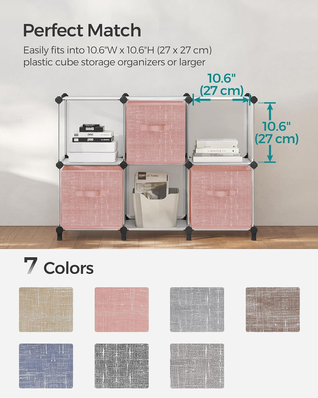 SONGMICS Storage Cubes - 11-Inch Non-Woven Fabric Bins with Double Handles | Set of 6 in Jelly Pink for Closet Organization