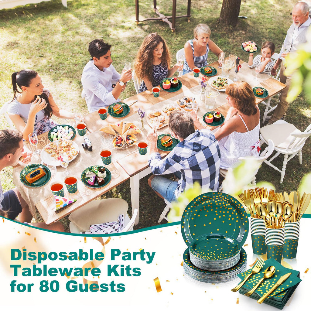 Sieral 560 Pcs Dark Green and Gold Party Supplies for 80 Guests Disposable Dinnerware Sets Green Paper Plates Napkin Cups Gold Plastic Fork Knives Spoons for Wedding Graduation Birthday Party