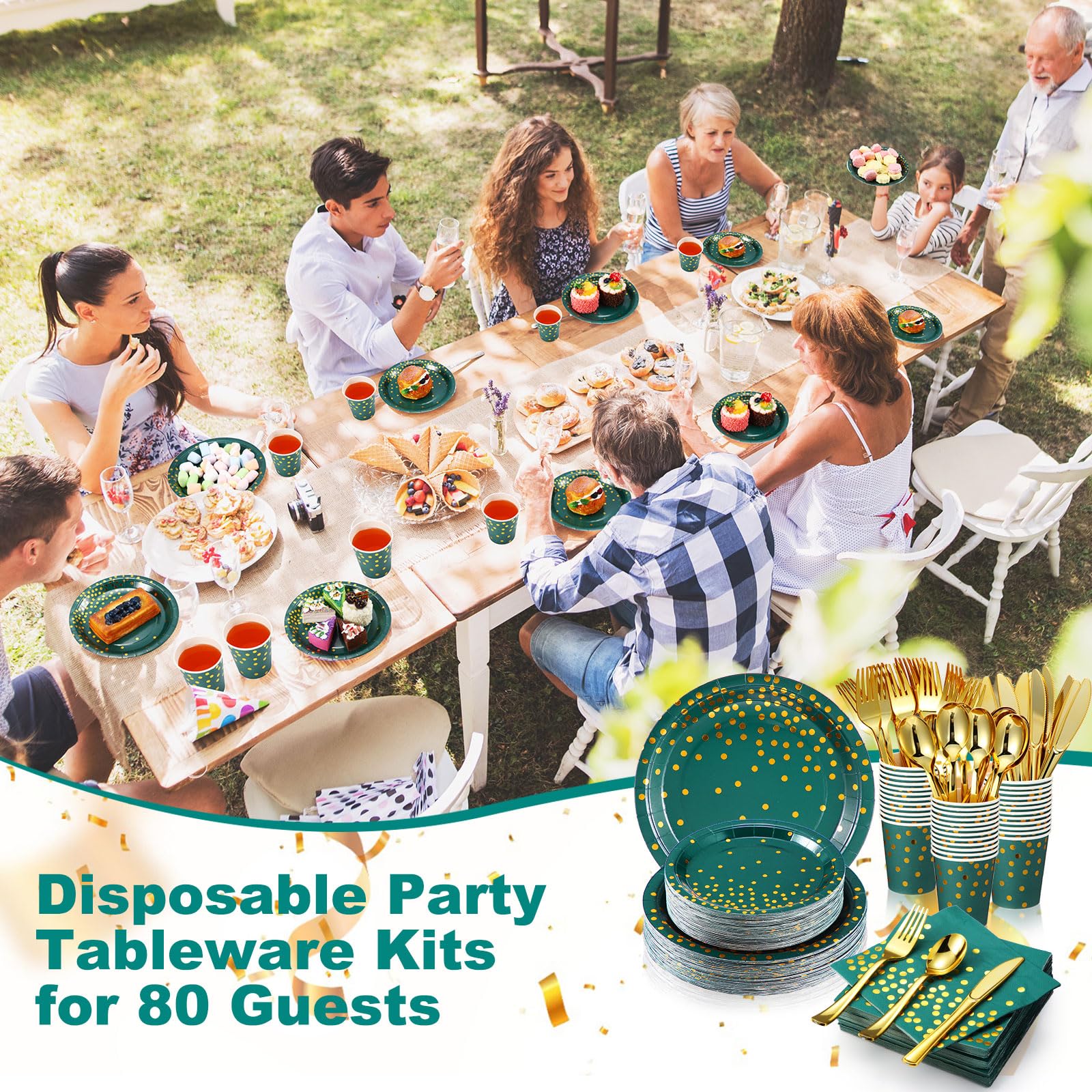 Sieral 560 Pcs Dark Green and Gold Party Supplies for 80 Guests Disposable Dinnerware Sets Green Paper Plates Napkin Cups Gold Plastic Fork Knives Spoons for Wedding Graduation Birthday Party