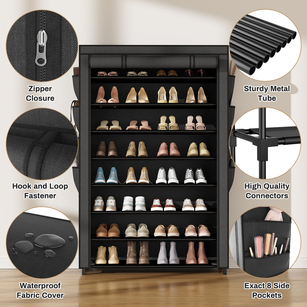 VILICK Shoe Rack with Cover, 8 Tier Tall Shoe Organizer Storage for 36-45 Pair Shoes and Boots Large Shoe Storage Shelf Free Standing Shoe Rack for Closet, Front Door Entrance, Dorm, Garage