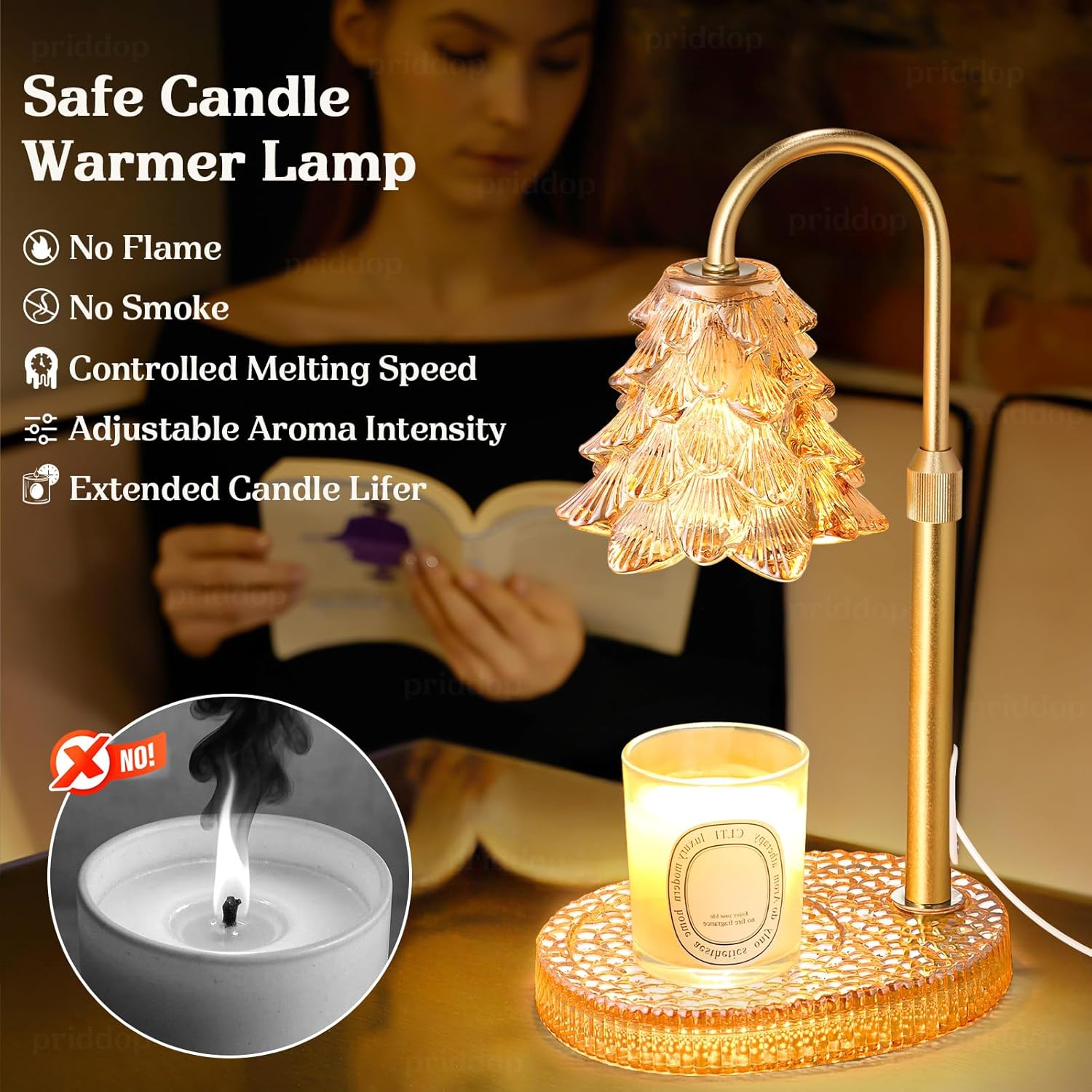 Priddop Candle Warmer Lamp - Dimmable Wax Melt Warmer with Adjustable Height & Timer | Amber Glass Base