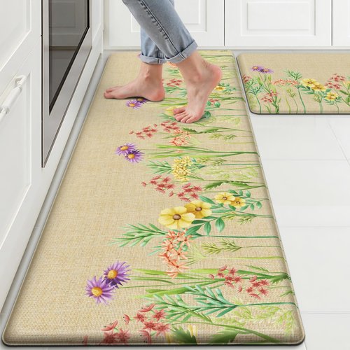 DailyCuddles Kitchen Mats for Floor, 2-Piece Anti-Fatigue Waterproof Kitchen Rugs for Apartment Decor, Easy-Clean Standing Mat with Non-Slip Back for Home, Office, Laundry (17.3"×47" +17.3"×30")