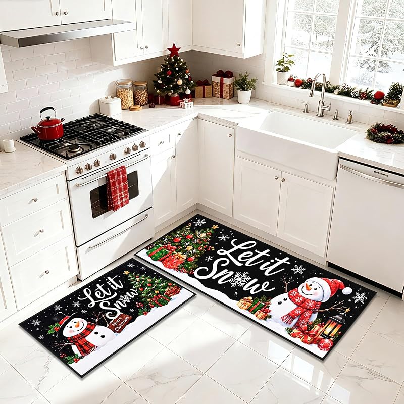 Let It Snow Christmas Kitchen Rugs Set of 2 – 17x30 & 17x47 Runner with Non Slip Backing, Snowman Crystal Velvet