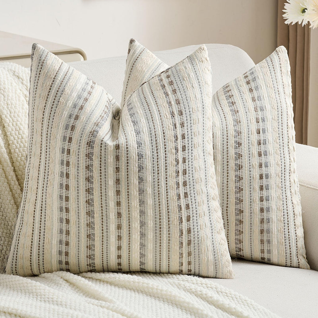FUTEI Pack of 2 Chenille Jacquard Throw Pillow Covers 18x18 Inch Soft Cozy Woven Embroidery Decorative Cushion Case Boho Farmhouse Accent for Couch Bed Living Room, Grey White
