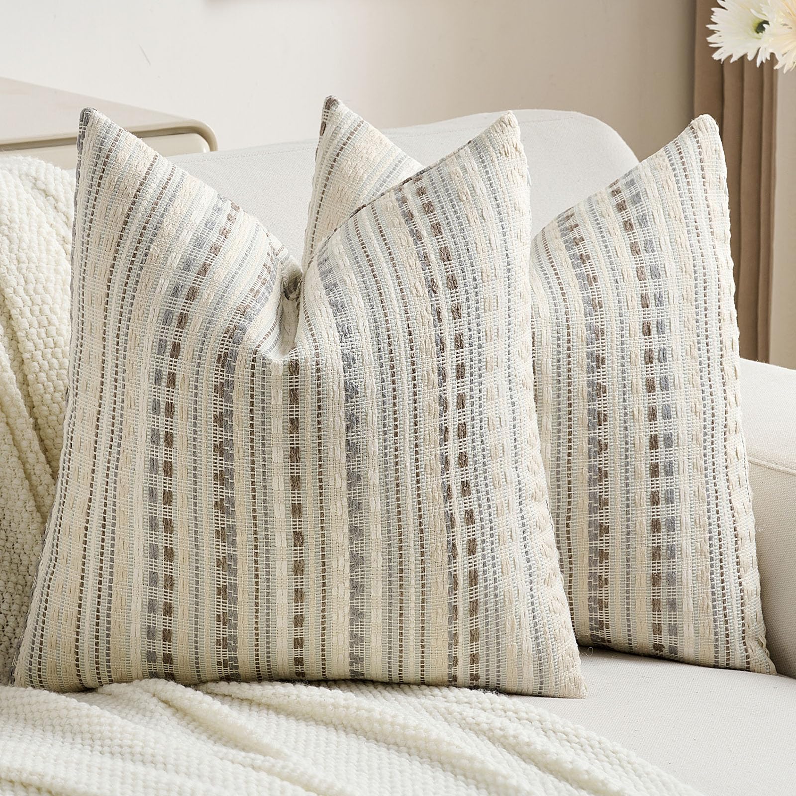 FUTEI Pack of 2 Chenille Jacquard Throw Pillow Covers 18x18 Inch Soft Cozy Woven Embroidery Decorative Cushion Case Boho Farmhouse Accent for Couch Bed Living Room, Grey White