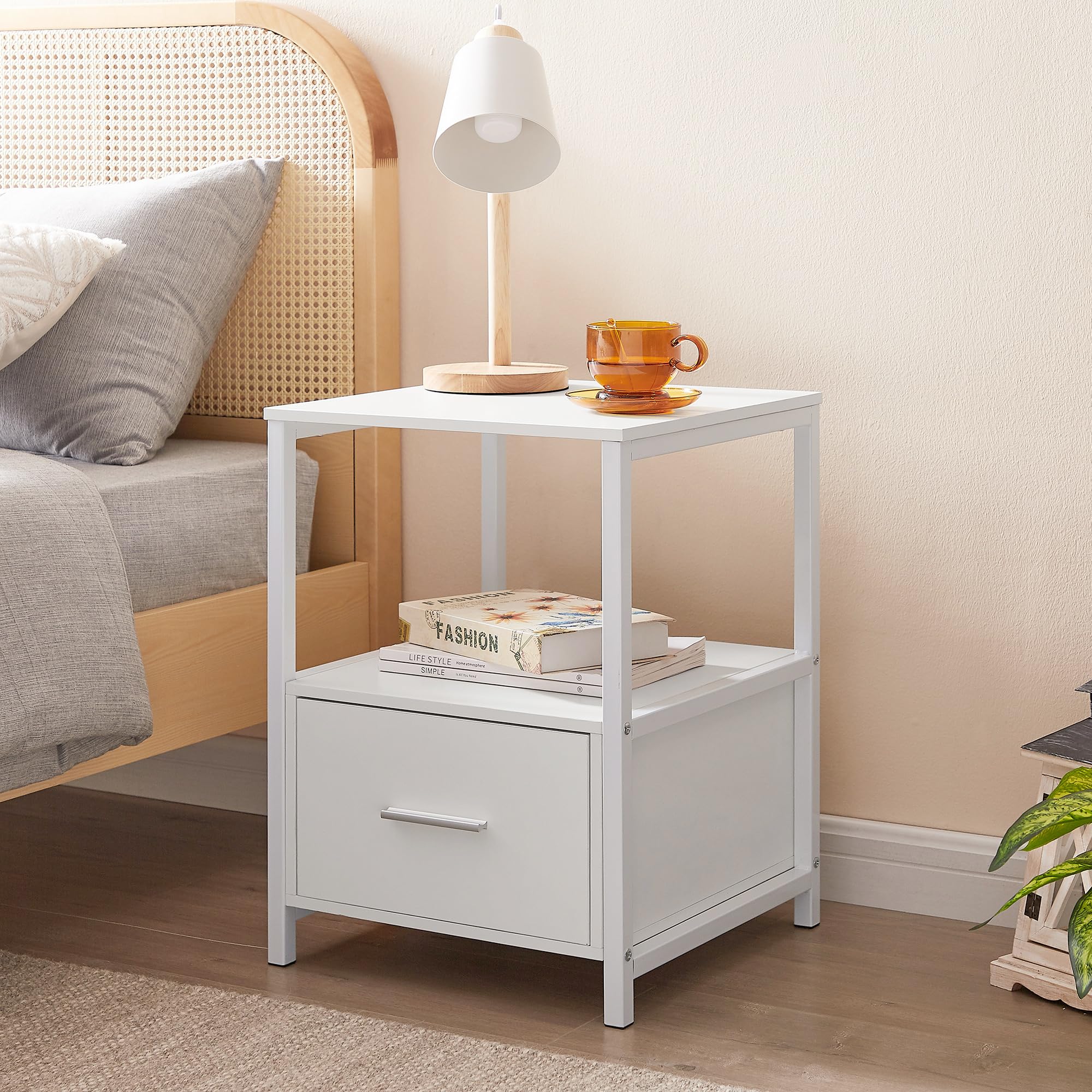 VECELO Nightstand Set of 2 with Wooden Storage Drawer Square Modern Bedside End Tables for Bedroom Living Room, Open Shelf, Industrial Metal Frame, Small Space, White