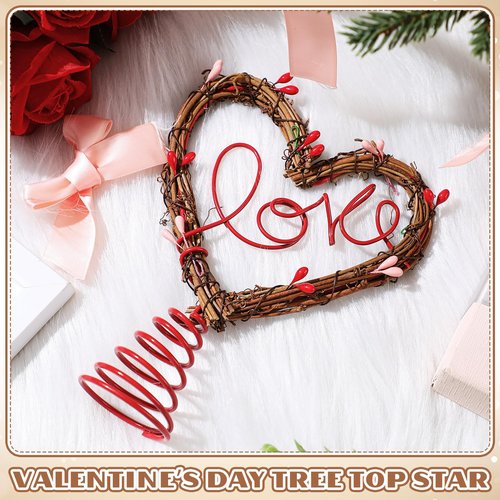 Gejoy 7 Inch Valentine Tree Topper Heart Tree Topper Rustic Rattan Treetop Valentines Love Wreath Decor with Red Pink Berry Heart for Valentines Wedding Holiday Party Wall Home Front Door Decor