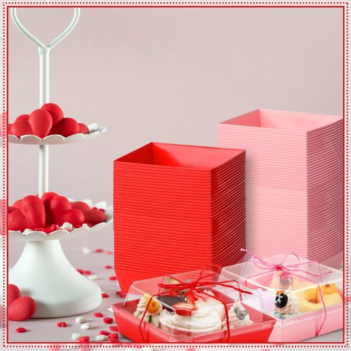 Layhit 150 Pack Valentine Charcuterie Boxes with Clear Lids and Rope 5" Disposable Square Dessert Pink Red Food Box Cookie Boxes Containers for Valentine Party Favor Cake Sandwich