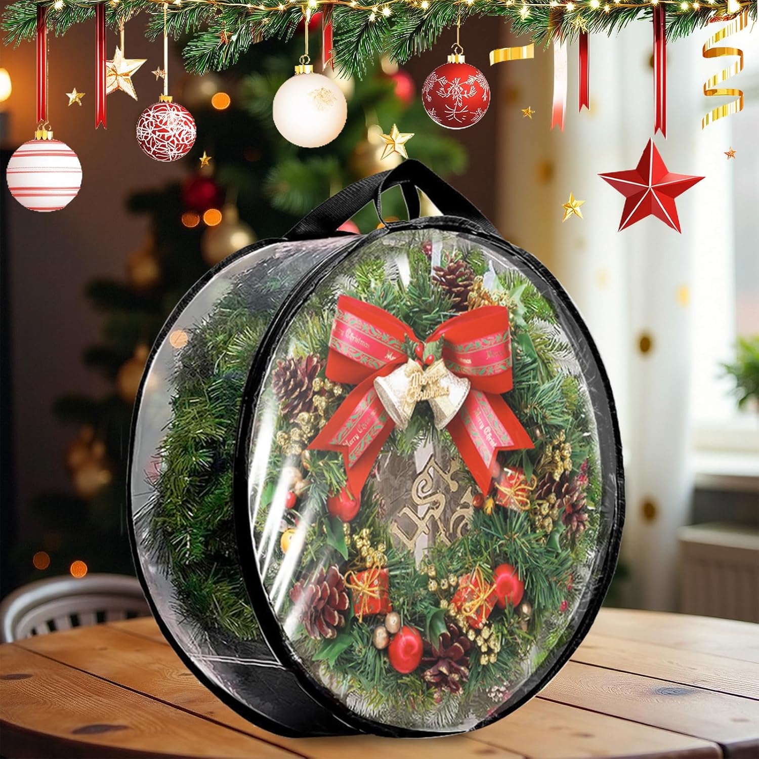 YAYODS Wreath Storage Bag - Heavy Duty 30 Inch Christmas Container with Clear Window | Black 4 Pack