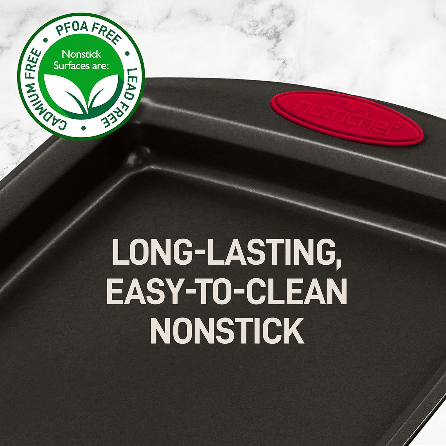 NutriChef 6-Piece Baking Pan Set - Nonstick Carbon Steel Bakeware with Red Silicone Handles | Includes Cookie Sheets, Roaster Pan, Loaf Pan & Muffin Pan (Black)