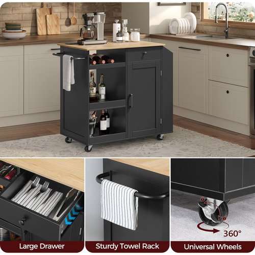 MAHANCRIS Kitchen Island with Power Outlet, Kitchen Storage Island with Drawer, Rolling Kitchen Cart on Wheels, Spice Rack, Towel Rack, Wine Rack, for Dining Room, Black and Natural KIHN122E01