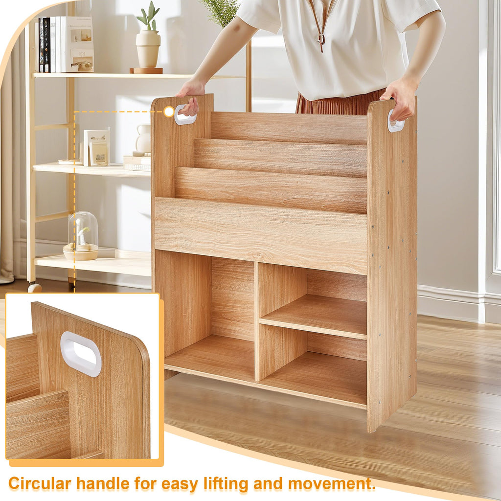 VECELO Kids Bookshelf with Toy Storage - Wooden Nursery Organizer for Books & Toys, Easy Assembly Playroom Shelf (Teak)