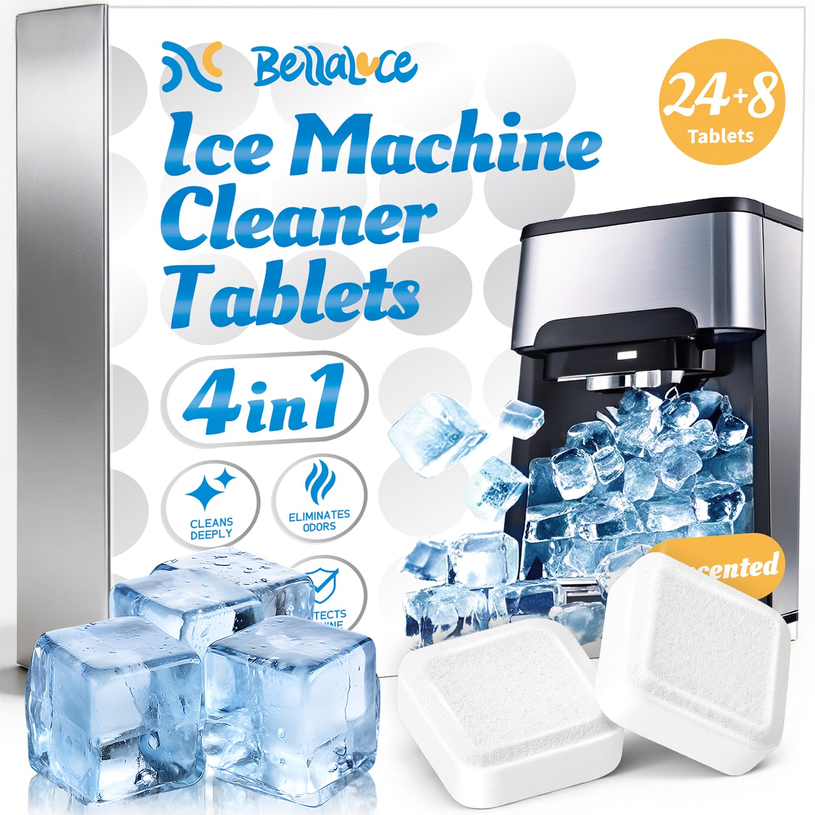 Bellaluce Ice Machine Cleaner Tablets Descaler (32 Pack) – Nickel-Safe Countertop Portable Commercial Ice Maker Cleaning – Remove Hard Water Buildup, Odor-Free, Crystal Clear Ice