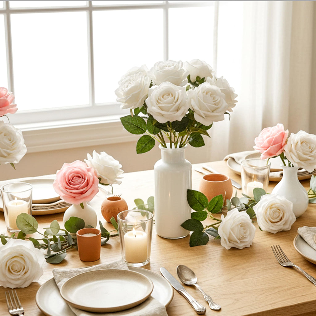 Auihiay 14PCS White Roses Artificial Flowers, Velvet Silk Faux Roses with Long Stems for Mother's Day, Wedding Centerpieces, Anniversary, Party, Home Decoration & DIY Floral Arrangement