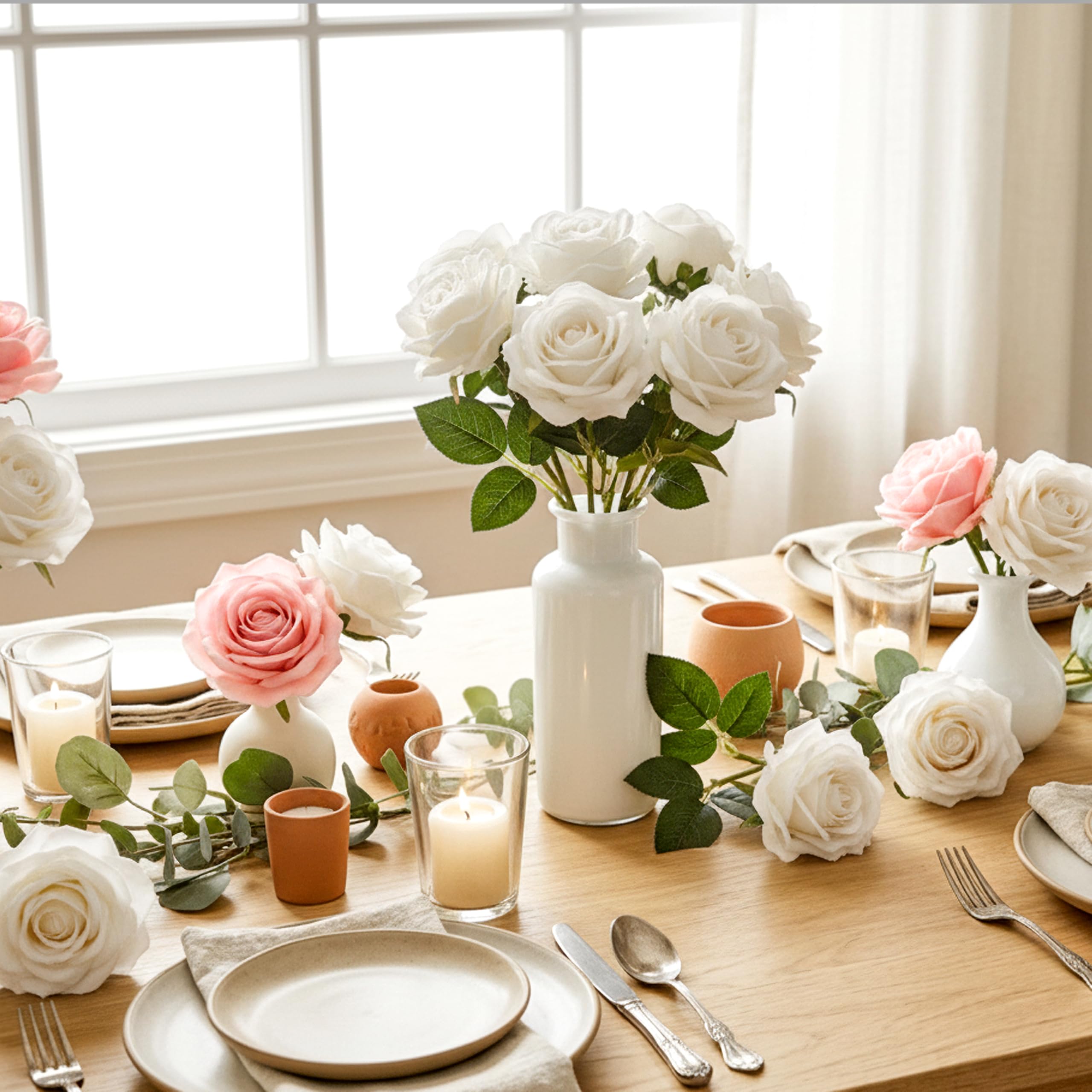 Auihiay 14PCS White Roses Artificial Flowers, Velvet Silk Faux Roses with Long Stems for Mother's Day, Wedding Centerpieces, Anniversary, Party, Home Decoration & DIY Floral Arrangement