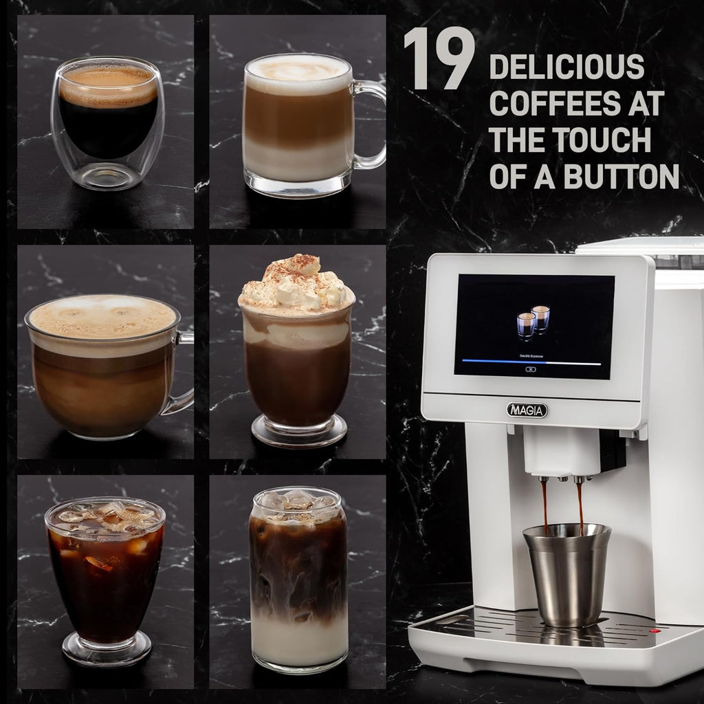 Zulay Magia Fully Automatic Espresso Machine - 19 Customizable Coffee Options | Includes Insulated Milk Container & Deluxe Cups - Auto-Cleaning - OG White