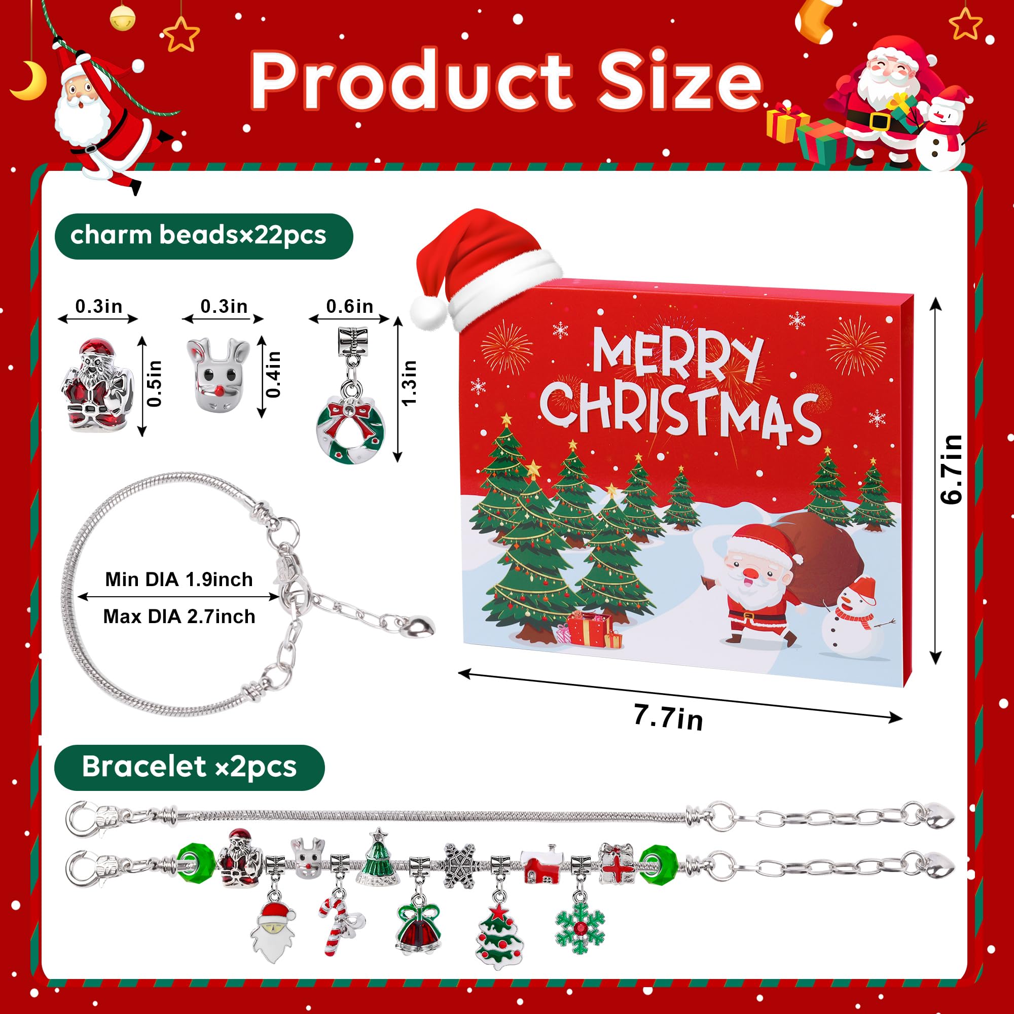 Christmas Advent Calendar Bracelets 2026 for Girls, 24 Days Xmas Countdown DIY Jewelry Kit with 22 Charm Beads and 2 Adjustable Bracelets Gift for Kids Teens Women