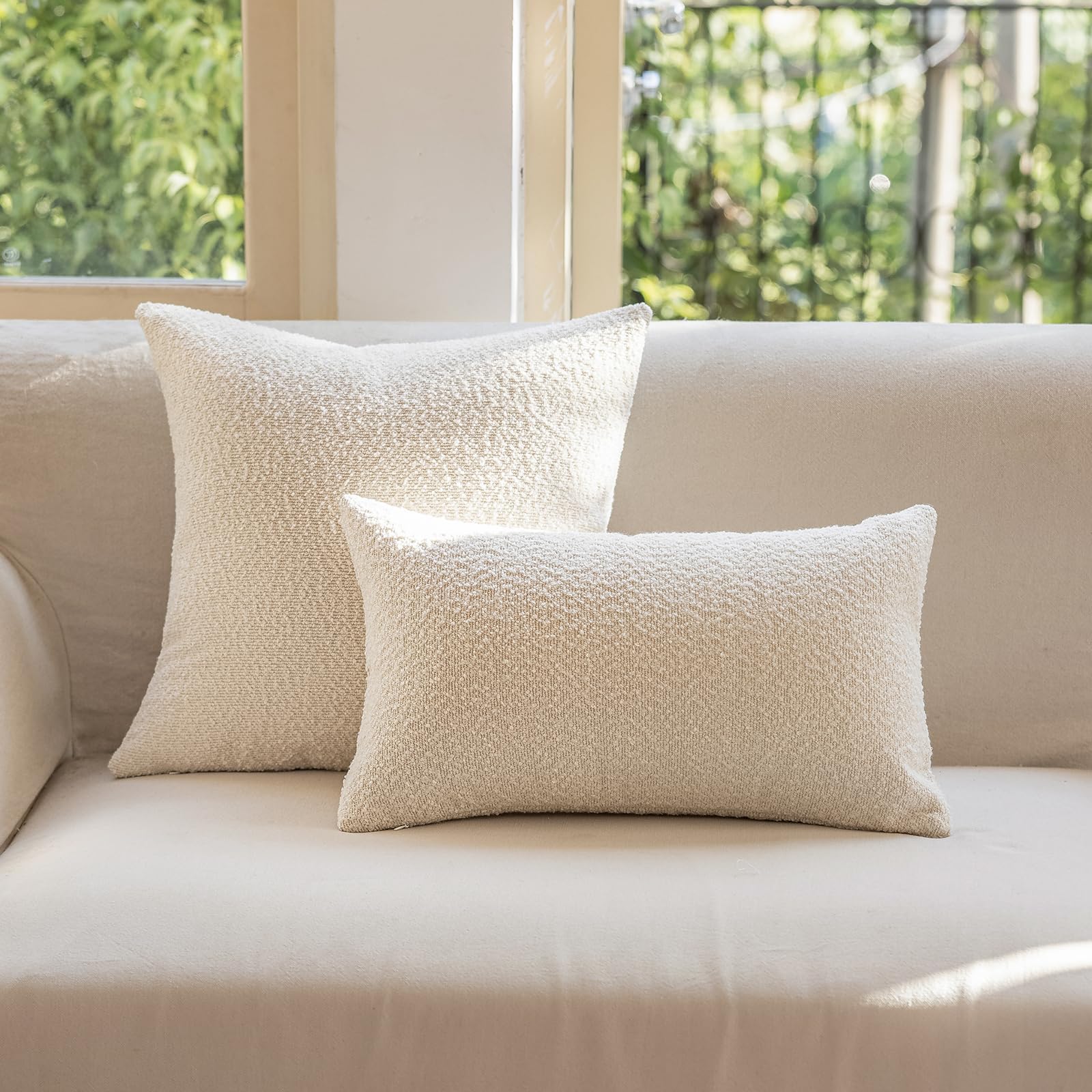 GEEORY Decorative Throw Pillow Covers 18x18 Inch Pack of 2,Textured Boucle Neutral Cushion Cases for Bed Couch Sofa, Accent Modern Farmhouse & Minimalist Home Decor (Cream) GE02-18