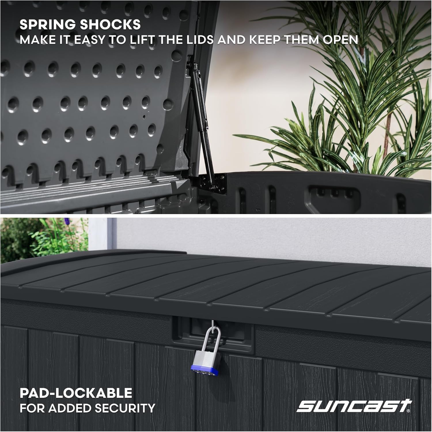 Suncast Extra-Large Resin Outdoor Patio Deck Box - 134-Gal Storage with Pad-Lockable Lid | Iron Ore Color