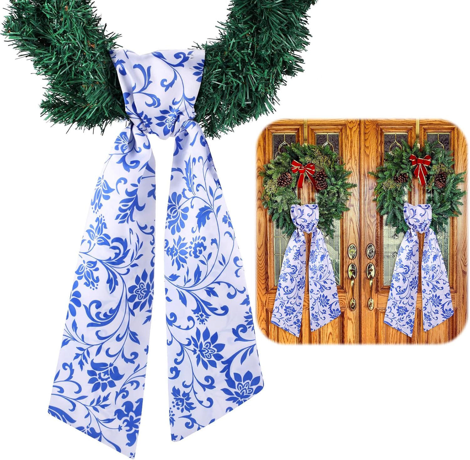 VitalCozy Wreath Sash Set - Elegant Blue Chinoiserie Ribbon for Indoor/Outdoor Decor | 4.5" W x 56" L