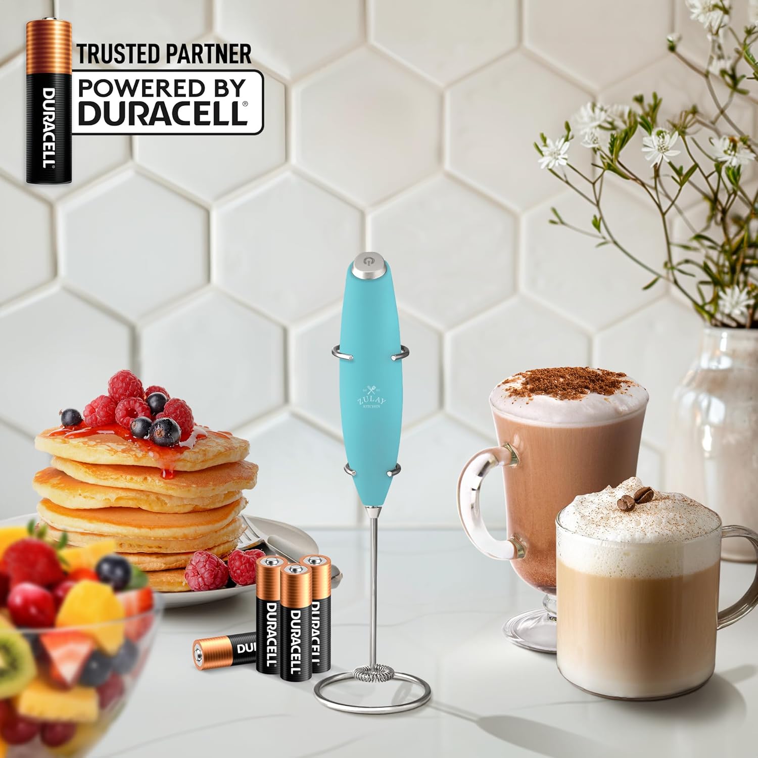 Zulay Kitchen Milk Frother Wand - Ultra-Fast Handheld Drink Mixer with 4 AA Batteries - Aqua Color