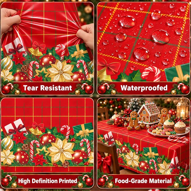 4 Pcs Christmas Poinsettia Plaid Tablecloth 51 x 86 inches - Red Holiday Plastic Table Cover (Variation of THIS listing: 1)