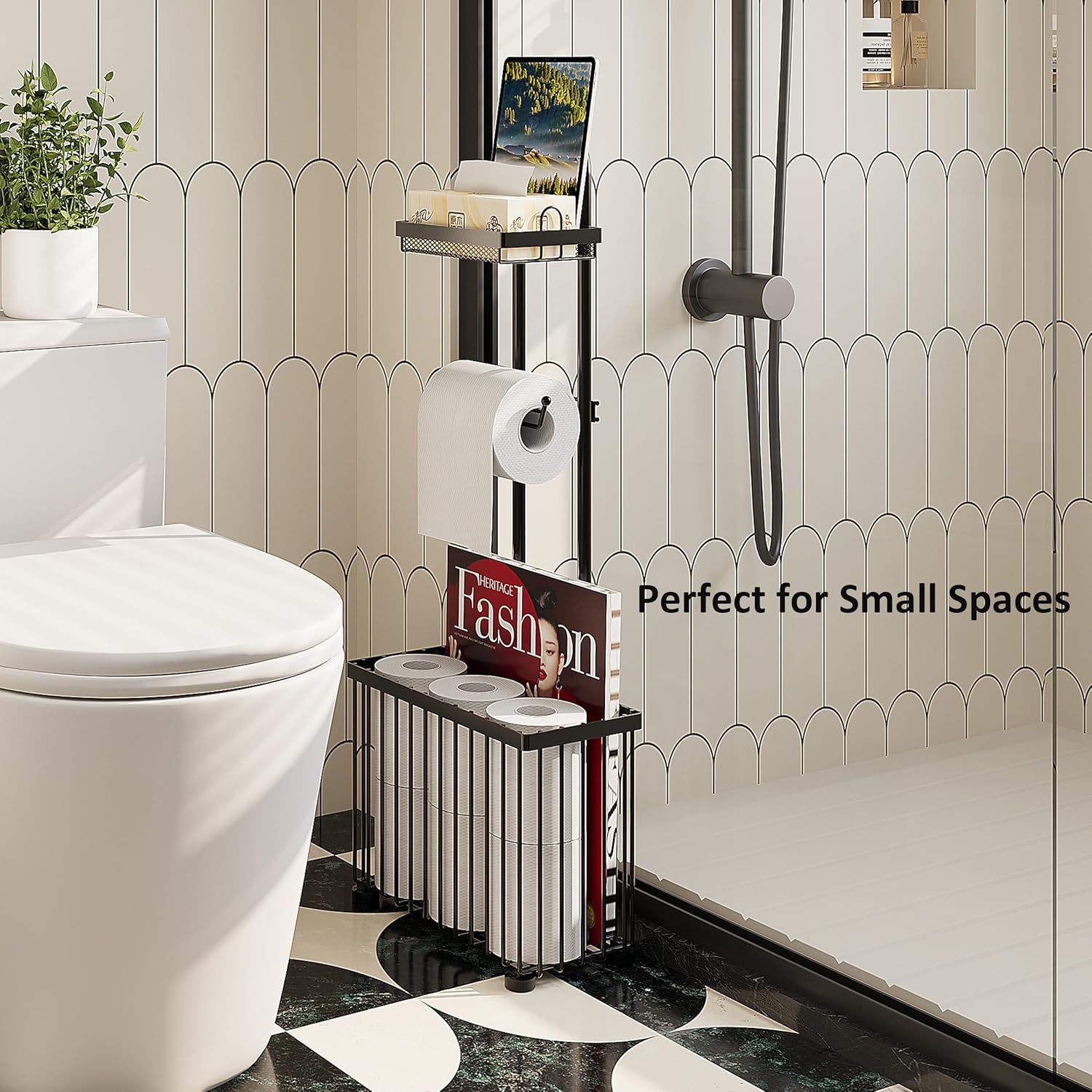 X-cosrack Toilet Paper Holder - Freestanding Tissue Rack with Storage Shelf for Bathroom | Black