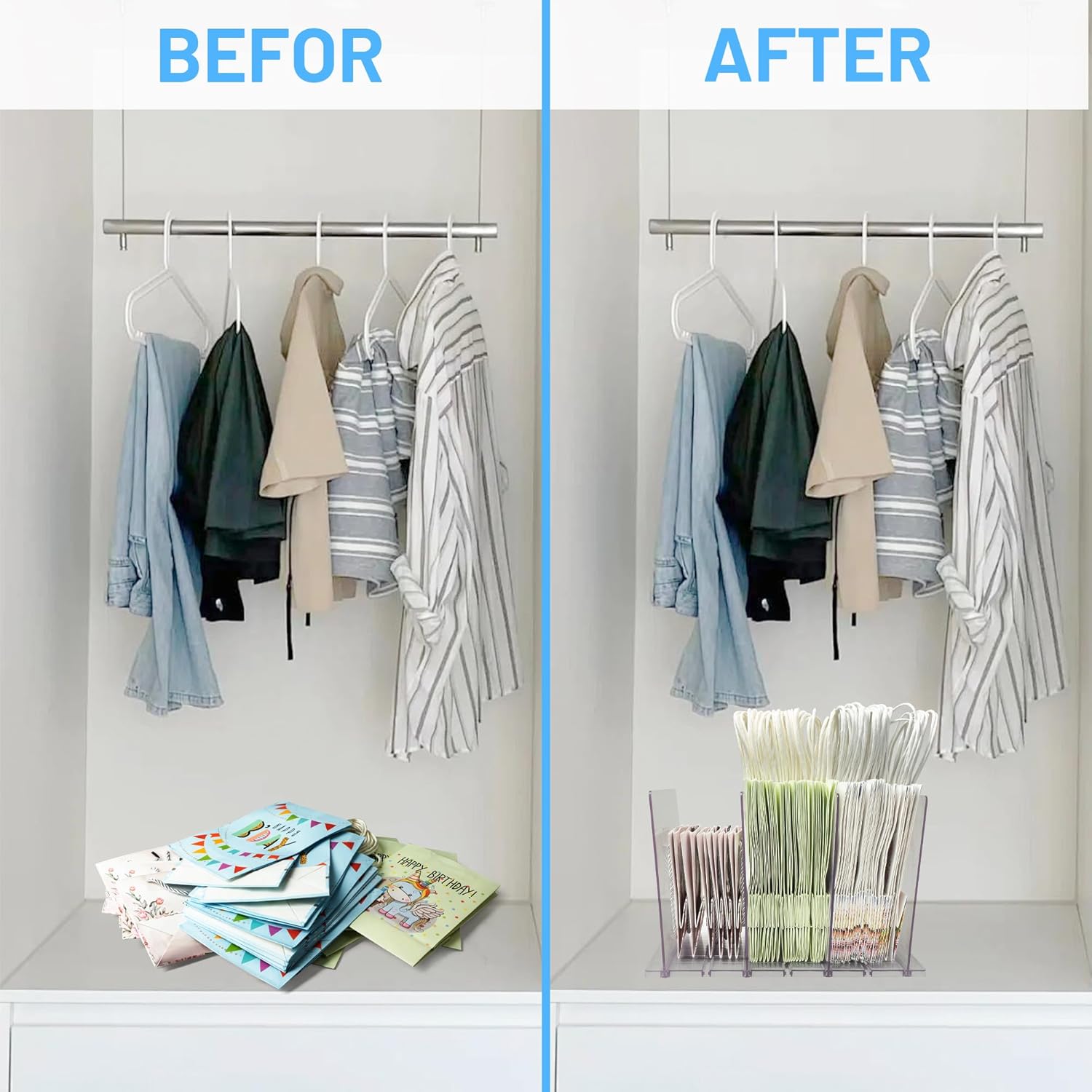 Skiennix Gift Bag Storage Organizer - Clear Acrylic Design with Adjustable Shelf Divider | Perfect for Small Closets
